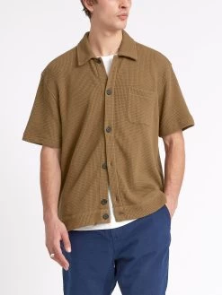 Ashby Short Sleeve Jersey Shirt Barton Tobacco Brown -Oliver Spencer Store ModelOSMK741AshbyShortSleeveJerseyShirtBAR01TOBBartonTobaccoBrown5copy Softness