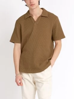 Austell Short Sleeve Polo Shirt Barton Tobacco Brown -Oliver Spencer Store ModelOSMK741AustellPoloShirtBAR01TOBBartonTobaccoBrown1copy Softness