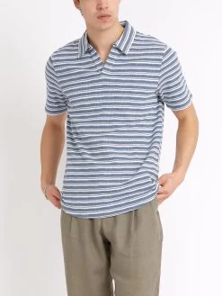 Austell Short Sleeve Polo Shirt Braemar Sky Blue -Oliver Spencer Store ModelOSMK741AustellPoloShirtBRA01SKBBraemarSkyBlue3copy