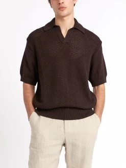 Short Sleeve Penhale Polo Shirt Tamar Brown -Oliver Spencer Store ModelOSMK747ShortSleevePoloShirtTAM01BROTamarBrown3copy Softness