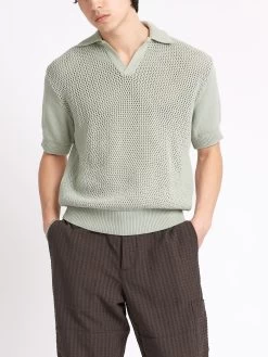 Short Sleeve Penhale Polo Shirt Tamar Pale Green -Oliver Spencer Store ModelOSMK747ShortSleevePoloShirtTAM01PAGTamarPaleGreen3copy Softness