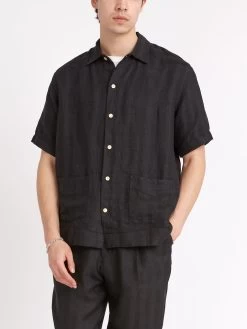 Cuban Short Sleeve Shirt Arnold Black -Oliver Spencer Store ModelOSMS173CubanShortSleeveShirtARN01BLKArnoldBlack33copy
