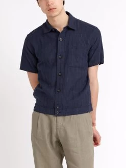 Short Sleeve Milford Shirt Dillard Navy -Oliver Spencer Store ModelOSMS179ShortSleeveMilfordShirtDIL01NAVDillardNavy5copy