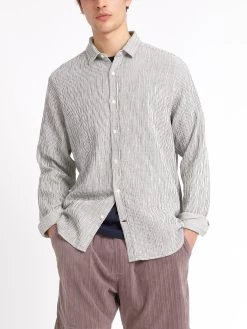 Clerkenwell Tab Shirt Gorwell Navy/White -Oliver Spencer Store ModelOSMS66aClerkenwellTabShirtGOR01NAWGorwellNavyWhite14copy Softness