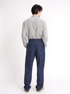 Morton Pleated Trousers Burnham Denim Indigo Blue -Oliver Spencer Store ModelOSMT68MortonTrousersBUR01INBBurnhamIndigoBlue34